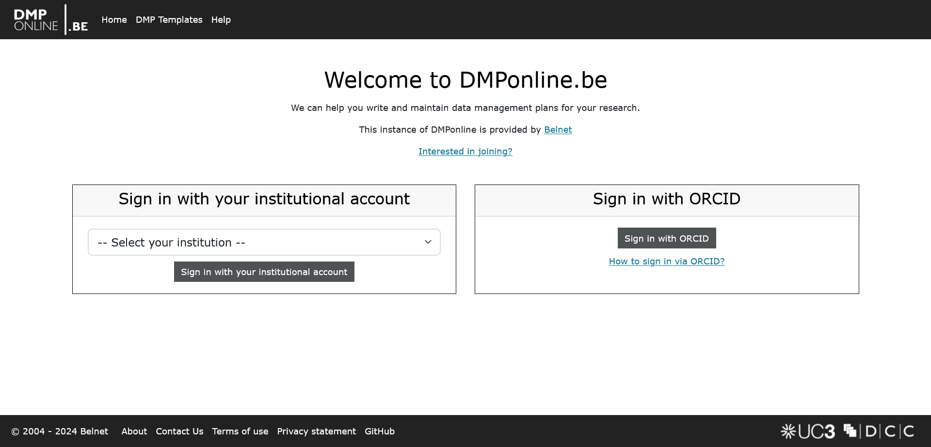 Login screen of dmponline.be